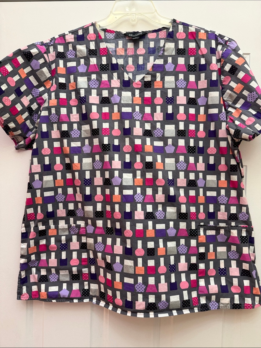 Zoe & Chloe Printed V-Neck Scrub Top - Multi-Color Nail Polish Pattern - Size 2X